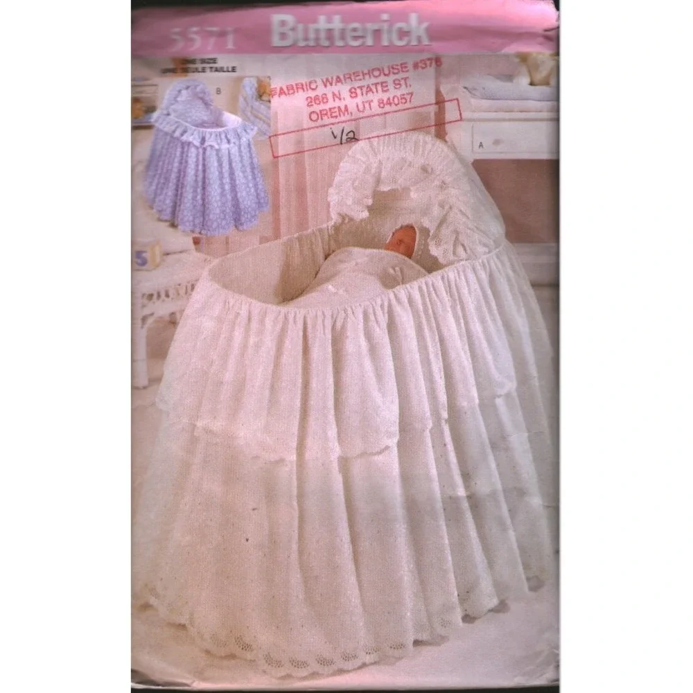 Vintage Butterick 5571 Baby Bassinet Skirt Liner Hood Cover Sewing Pattern OS